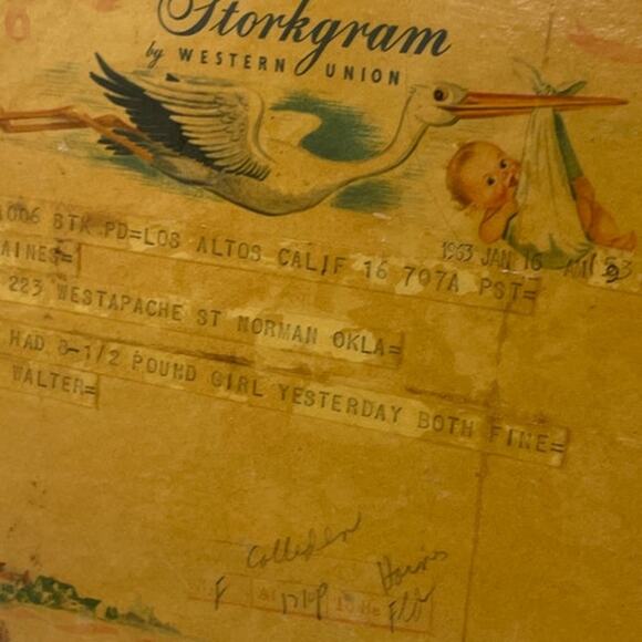 Vintage 1963 Western Union Telegram Wood Base Baby Girl Born Storkgram Wall Art - Picture 2 of 3